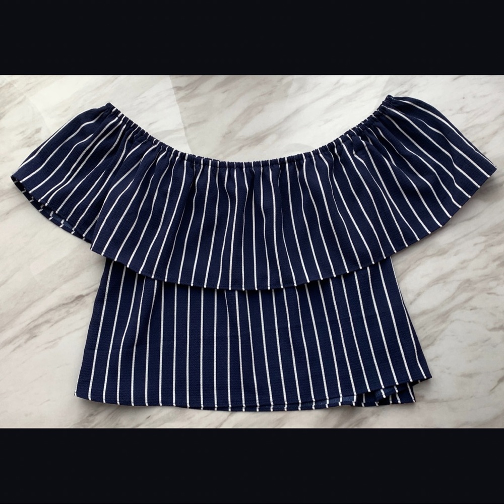 Forever 21 Off Shoulder Navy & White Stripe Top